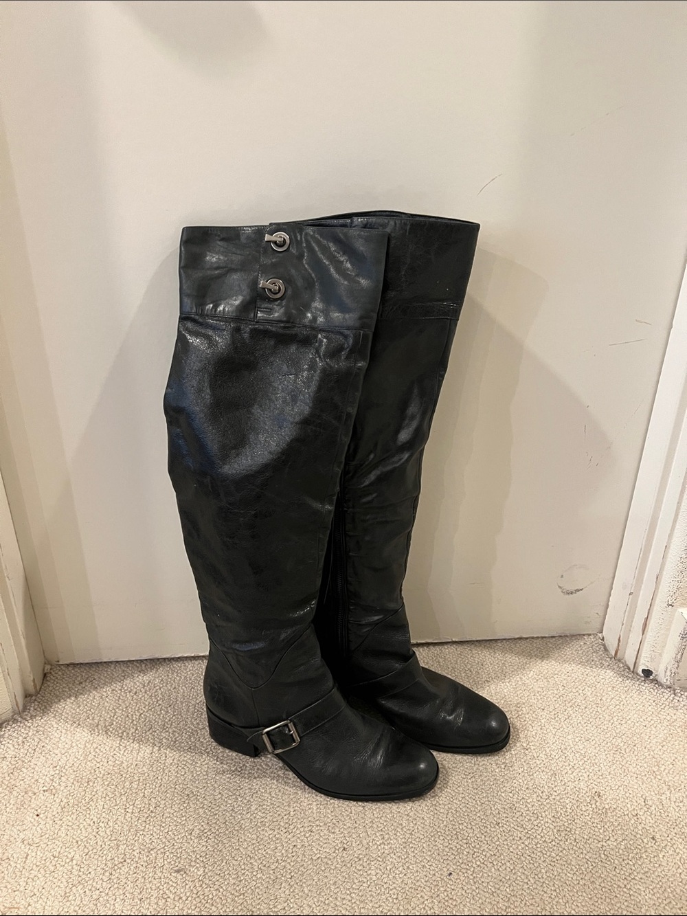 Pour La Victoire Black Over-the-Knee Leather Boots with Ankle Buckle
